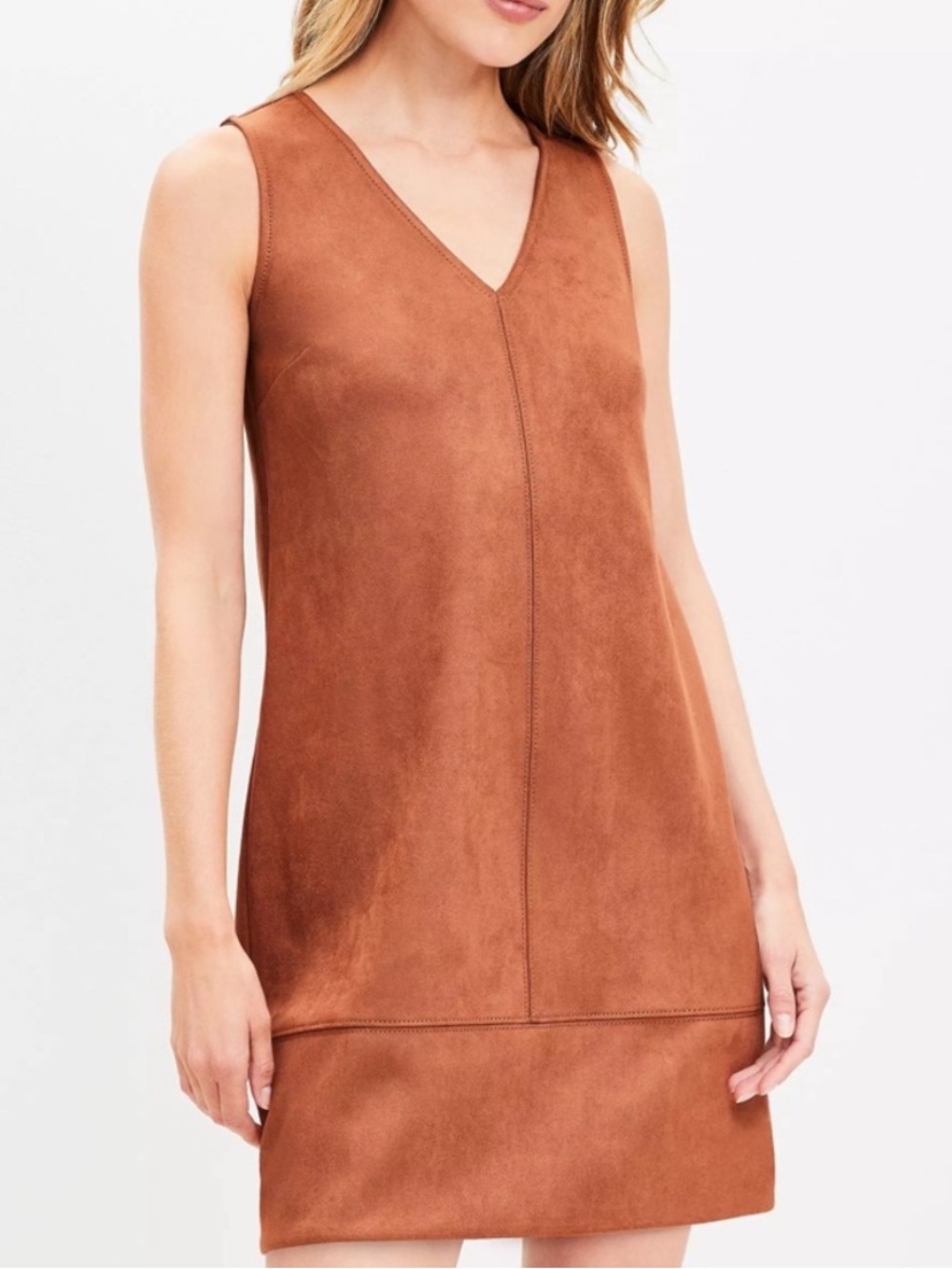LOFT NEW Women's Faux Suede V-Neck Shift Dress Tan/Brown/Cognac Size 10